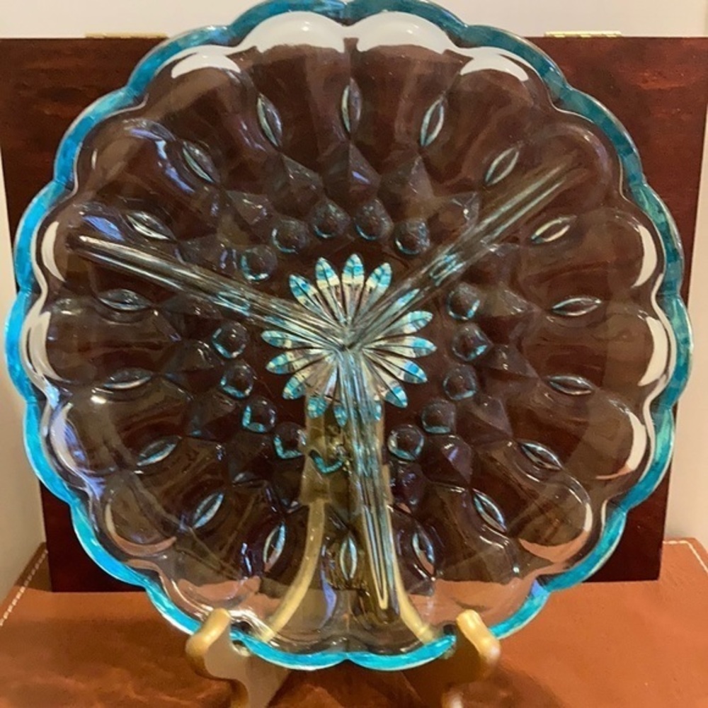 Vintage aqua blue divided thumb print scalloped edge candy/relish dish